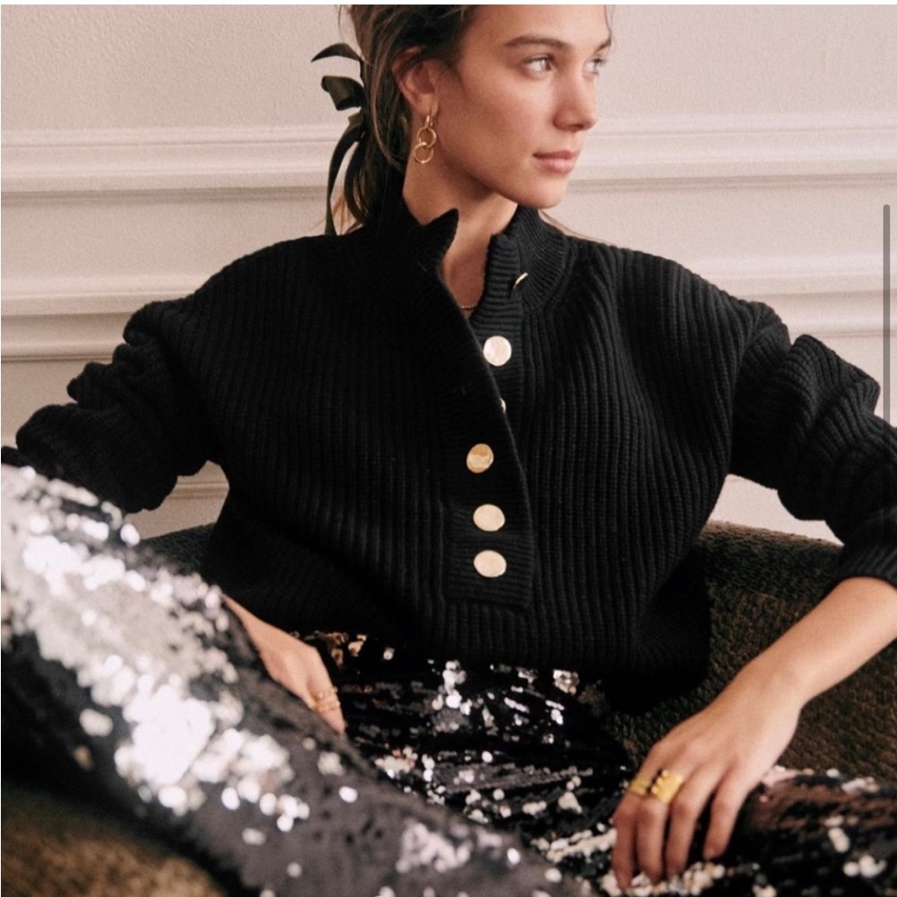 Sezane Black Ribbed Half-Placket Sweater with Gold Buttons